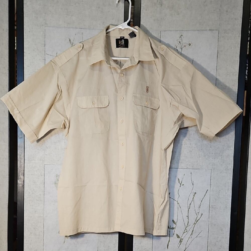 Cream Casual Button Down Shirt with Short Sleeves and Relaxed Fit